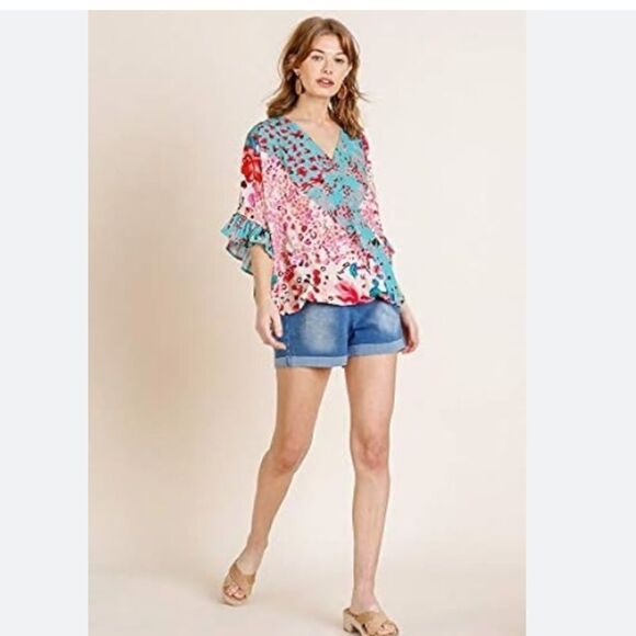 Umgee Floral Mixed Animal Print Crossbody Top - Picture 1 of 10